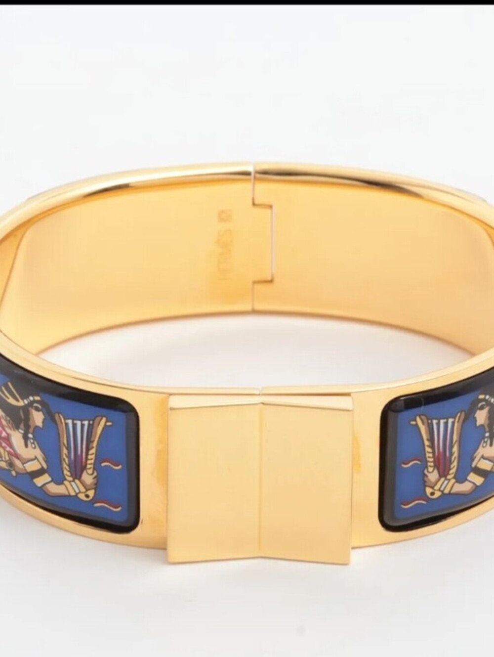 Hermès Enamel GM Blue Multicolor Gold-Plated Wide Hinged Bangle Bracelet